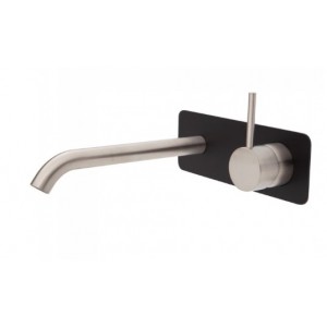 Kaya Up Wall Basin/Bath Mixer Set, Brushed Nickel, Matte Black Square Plate, 200mm Outlet